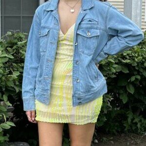 Juniors Sequined Body Con Dress Neon Yellow and Cream, Size Small
